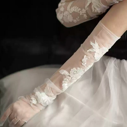 White Bridal Tulle Gloves – Floral Embroidered Long Wedding Gloves
